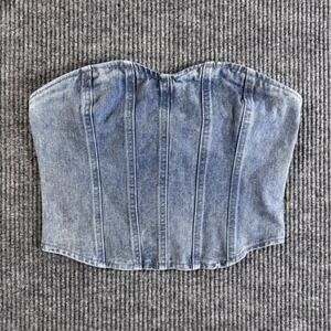PRETTYLITTLETHING Y2K vibes Blue Denim Boned Corset Top Strapless‎ Zip US 6